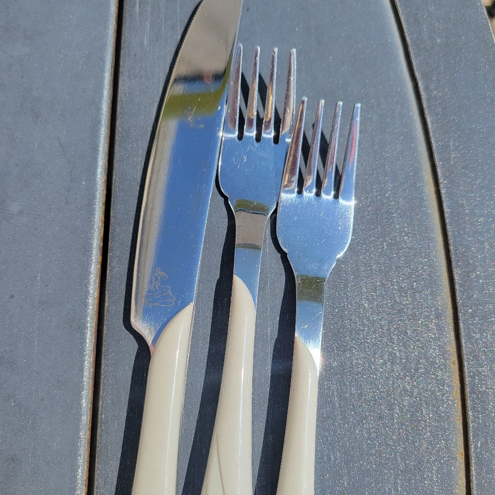 Fiesta Pearl Gray Flatware ~ Knife & 2 Small Forks ~ Retired Swirl ~ Post 86